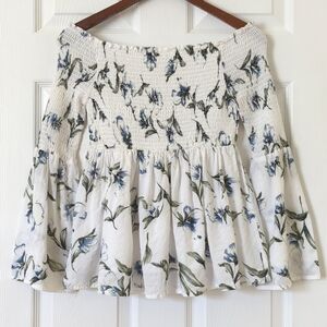 Lucca Boho Chic Floral Smocked Off Shoulder Long Bell Sleeve Flared Top White M